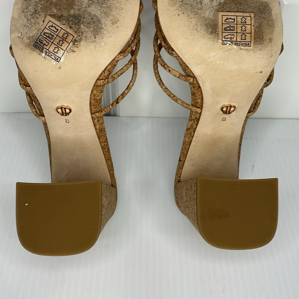 Paige Becca Block Heel Sandal Size 8 Tan Knot Strap Upper Gold Specs - Picture 11 of 14